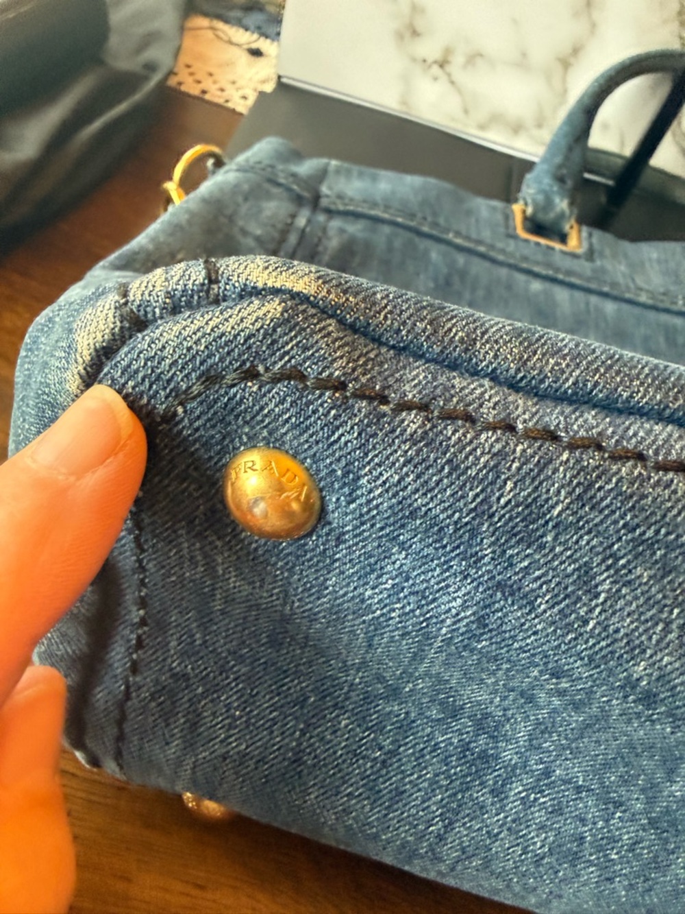 Prada Denim Tote in Dark Blue with Gold Accents - Picture 7 of 11